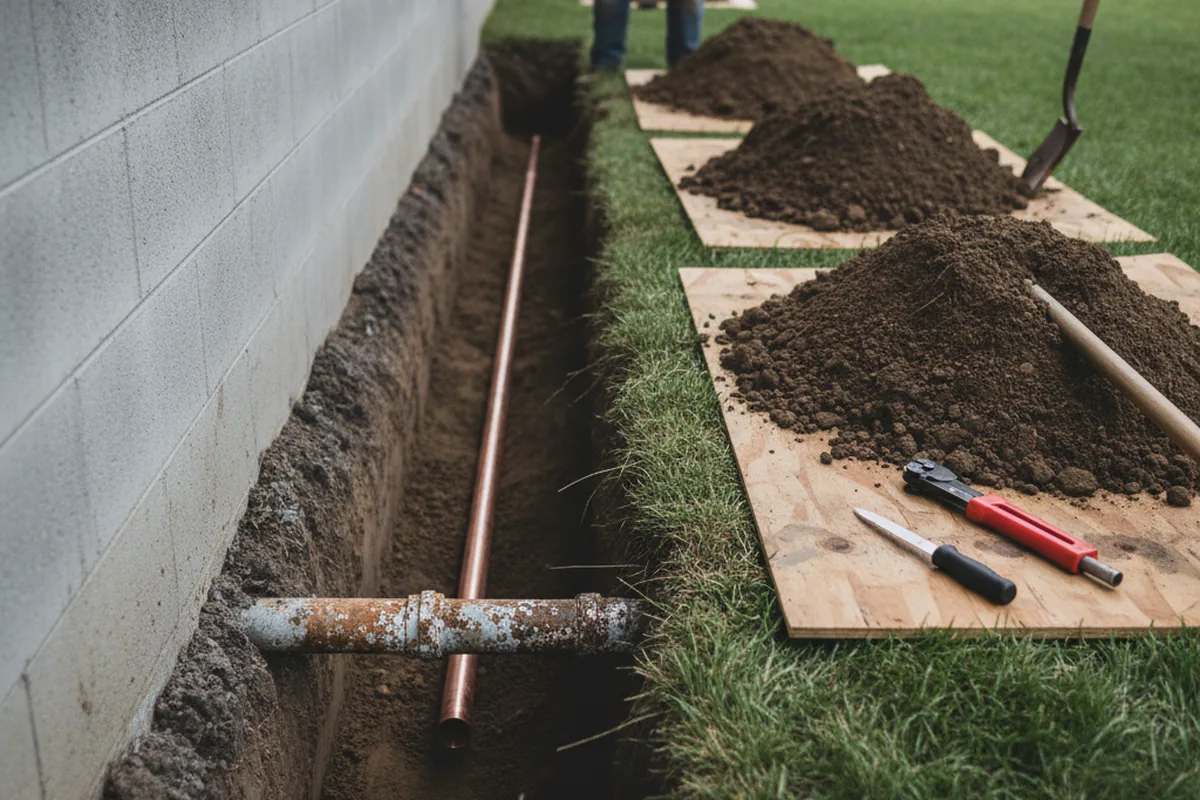 Excavated water line trench during Sewer Line Repair in Slovan